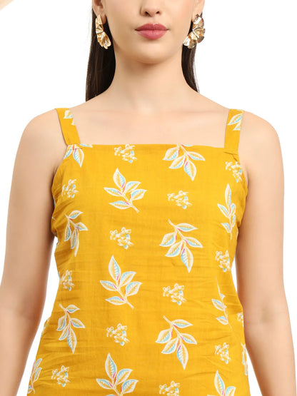 Mustard Cotton Sleeveless Kurta Palazzo Dupatta Set