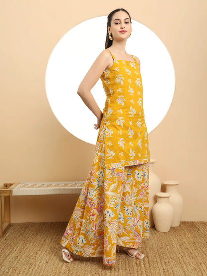 Mustard Cotton Sleeveless Kurta Palazzo Dupatta Set