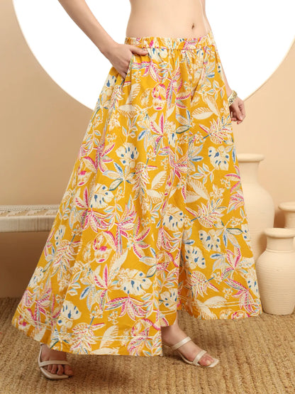 Mustard Cotton Sleeveless Kurta Palazzo Dupatta Set