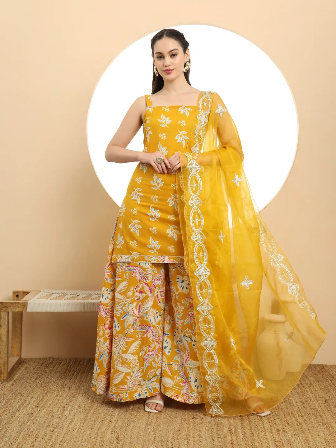 Mustard Cotton Sleeveless Kurta Palazzo Dupatta Set