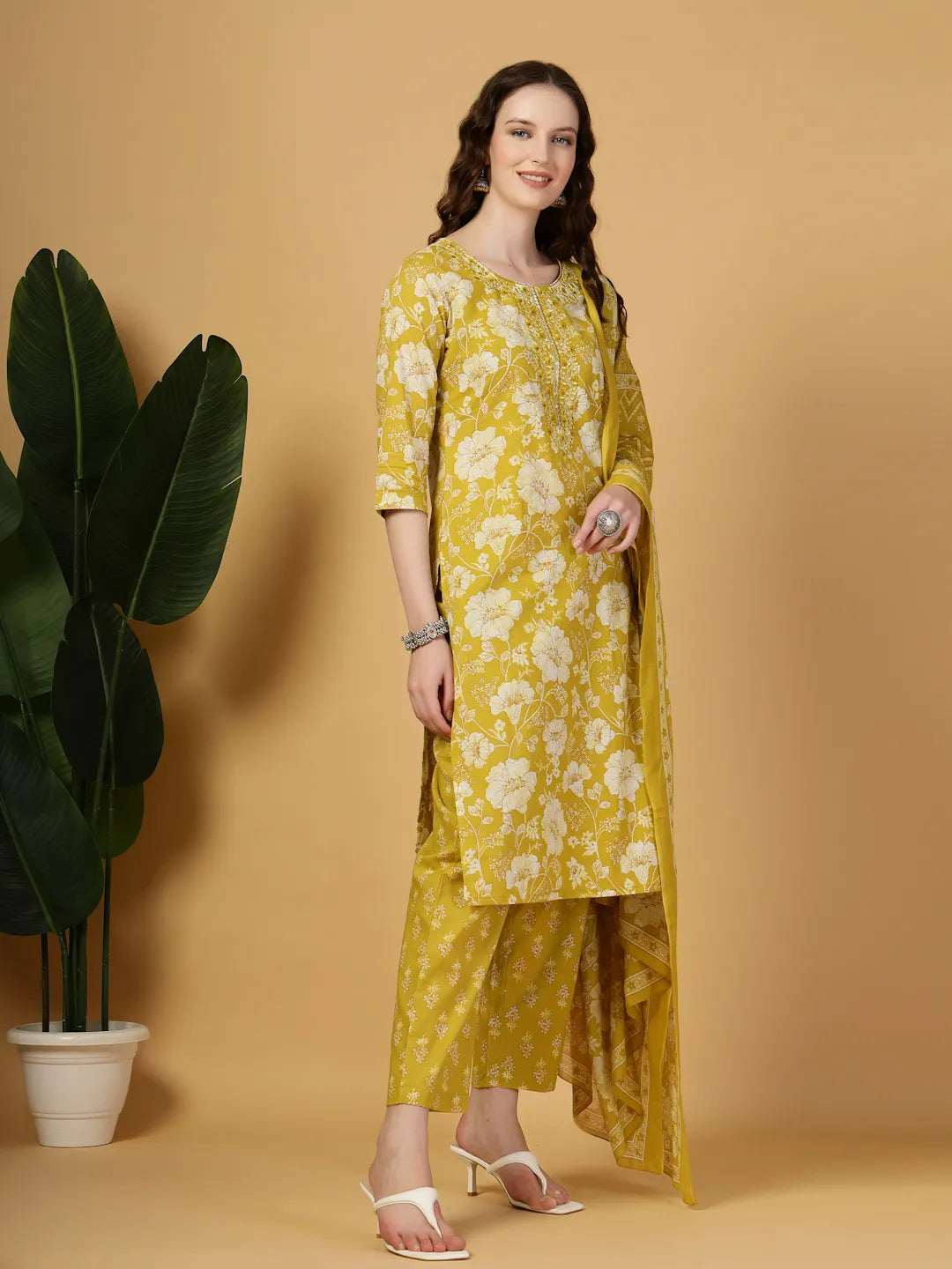 Mustard Embroidered Straight Kurta Trouser Dupatta Set