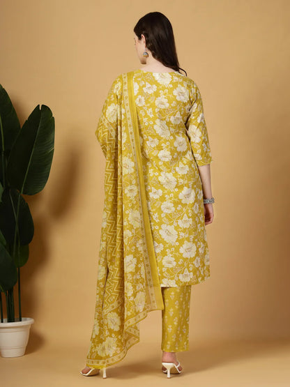 Mustard Embroidered Straight Kurta Trouser Dupatta Set