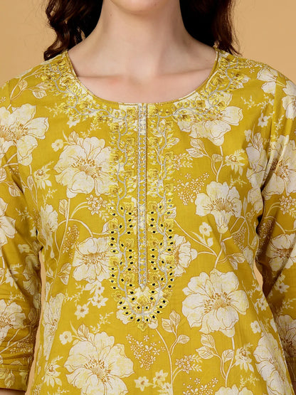 Mustard Embroidered Straight Kurta Trouser Dupatta Set