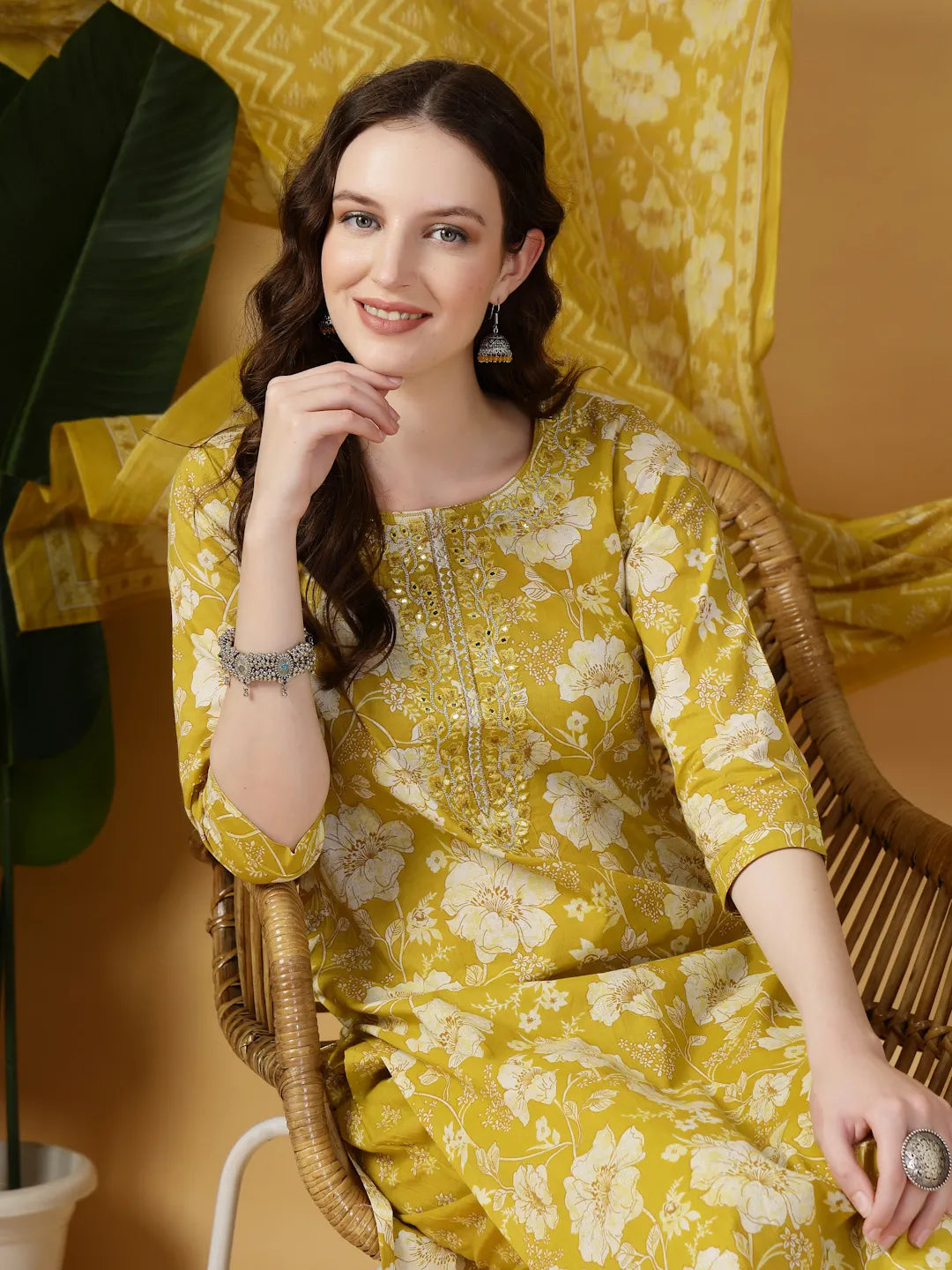 Mustard Embroidered Straight Kurta Trouser Dupatta Set