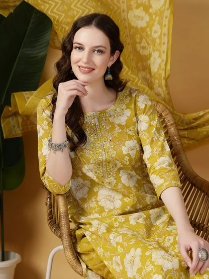 Mustard Embroidered Straight Kurta Trouser Dupatta Set