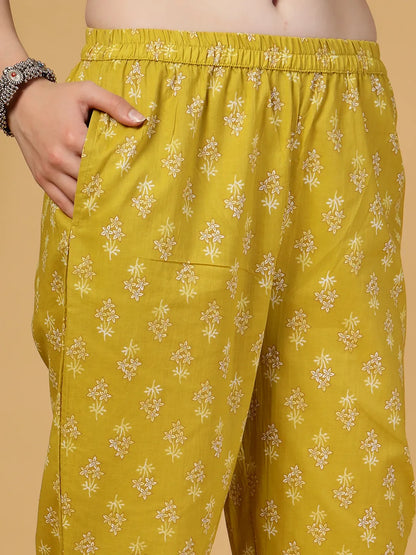 Mustard Embroidered Straight Kurta Trouser Dupatta Set