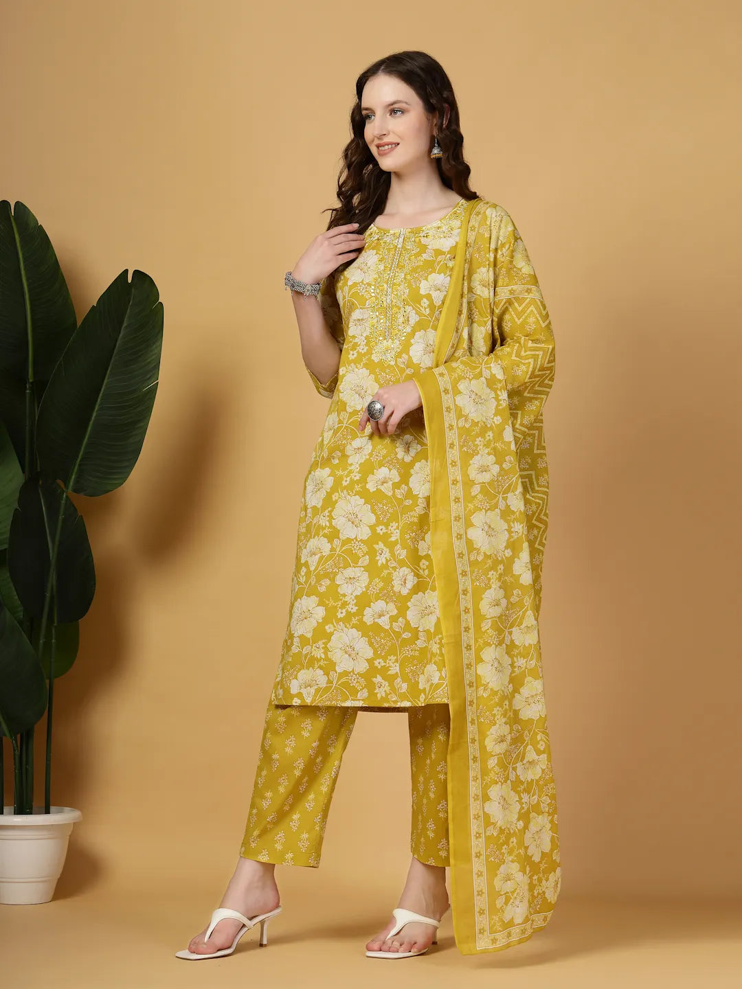 Mustard Embroidered Straight Kurta Trouser Dupatta Set