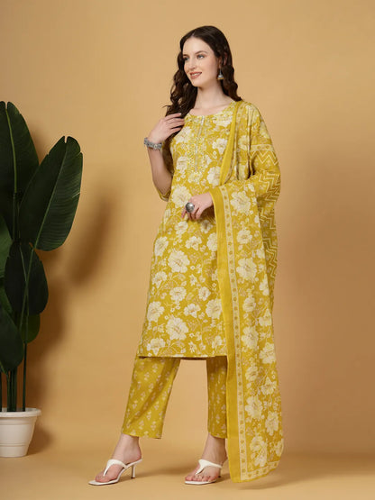 Mustard Embroidered Straight Kurta Trouser Dupatta Set
