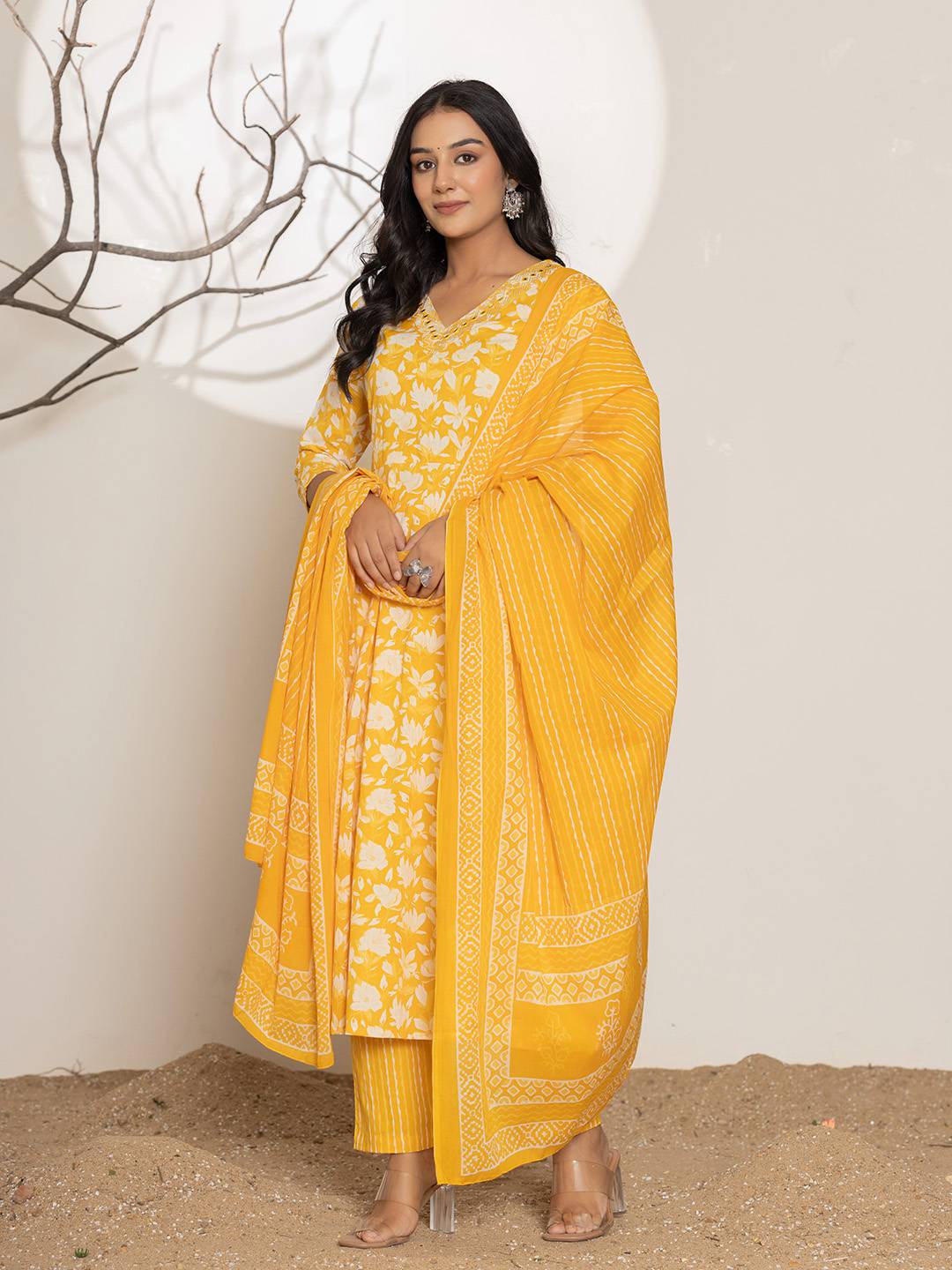 Mustard Embroidery Cotton Anarkali Suit Set