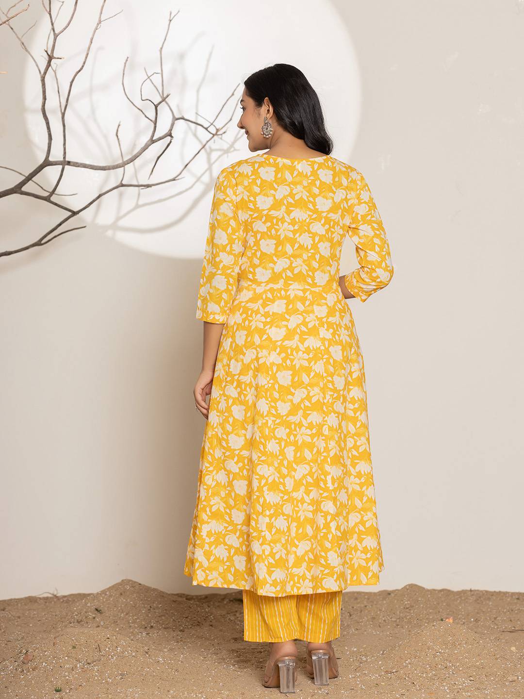 Mustard Embroidery Cotton Anarkali Suit Set