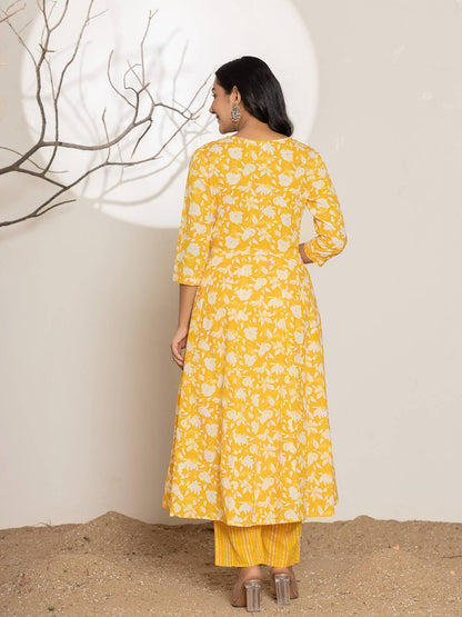 Mustard Embroidery Cotton Anarkali Suit Set