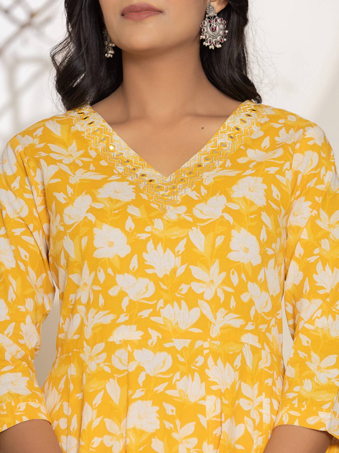 Mustard Embroidery Cotton Anarkali Suit Set