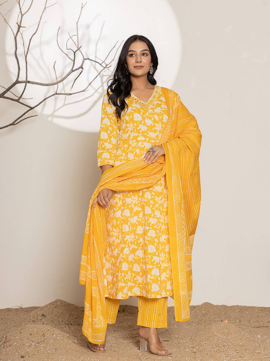 Mustard Embroidery Cotton Anarkali Suit Set