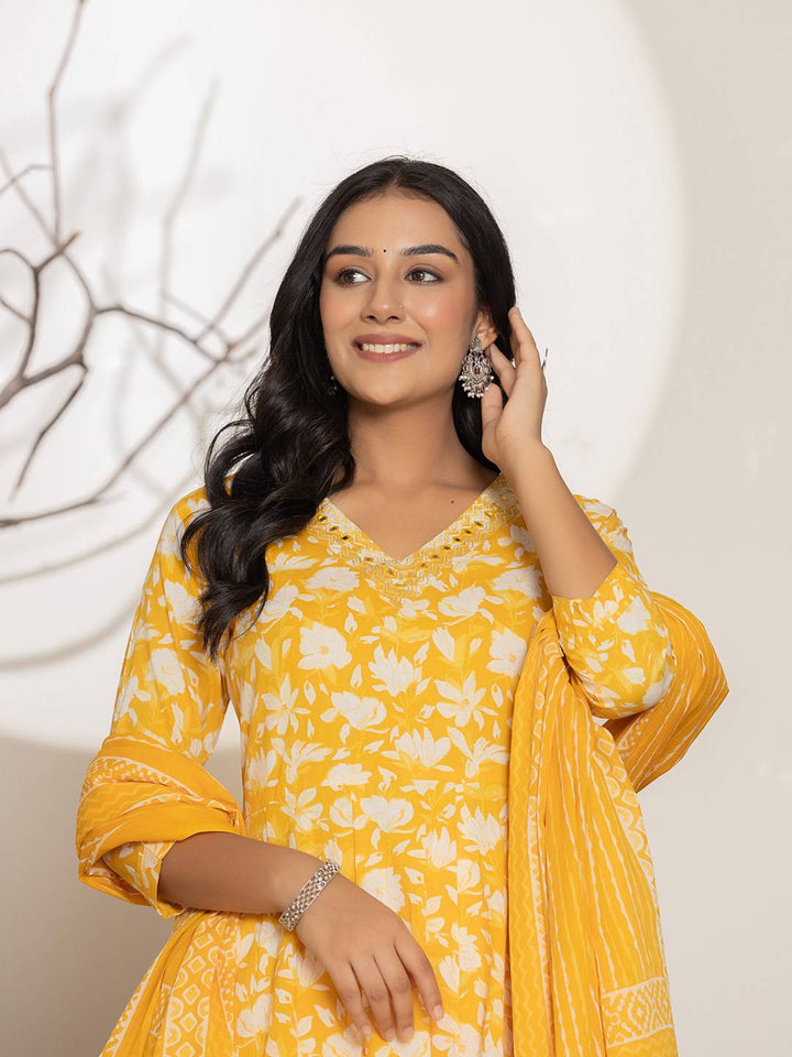 Mustard Embroidery Cotton Anarkali Suit Set
