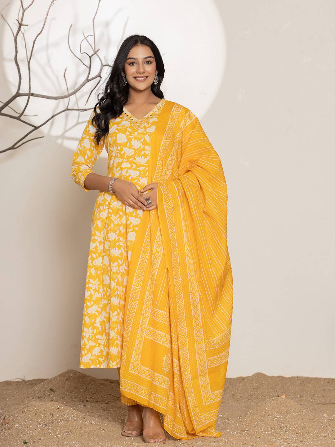 Mustard Embroidery Cotton Anarkali Suit Set