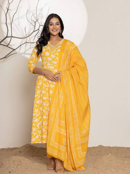 Mustard Embroidery Cotton Anarkali Suit Set