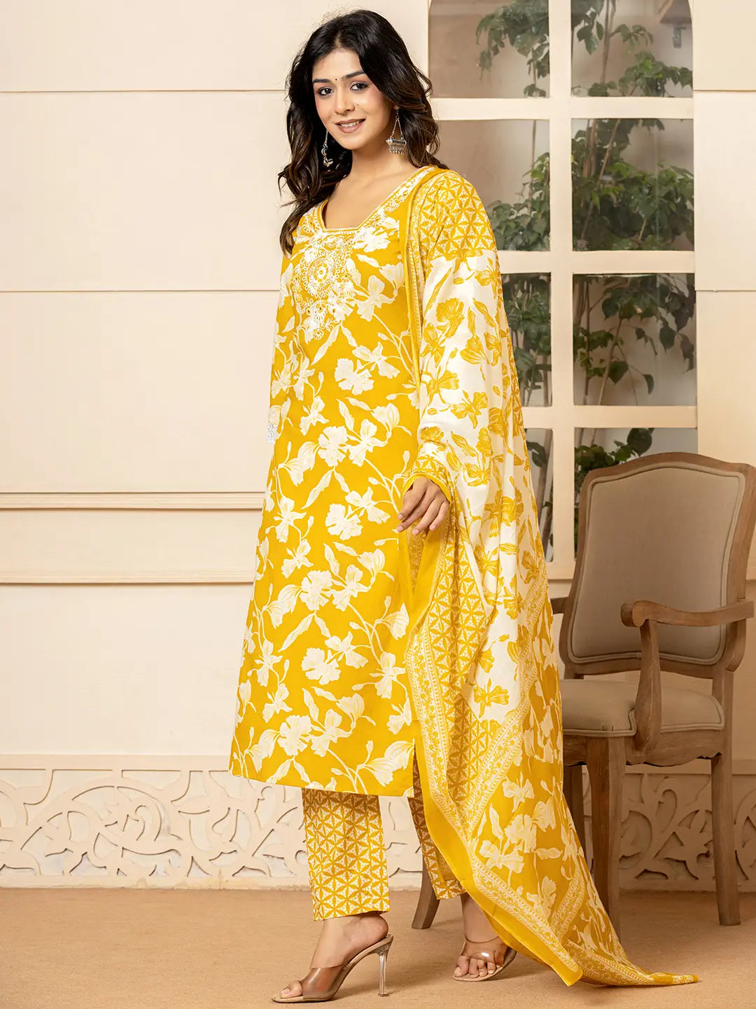 Mustard Embroidery Cotton Straight Kurta Dupatta Set