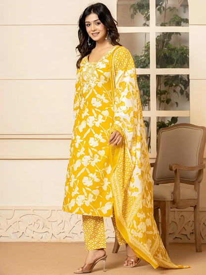 Mustard Embroidery Cotton Straight Kurta Dupatta Set