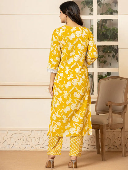 Mustard Embroidery Cotton Straight Kurta Dupatta Set