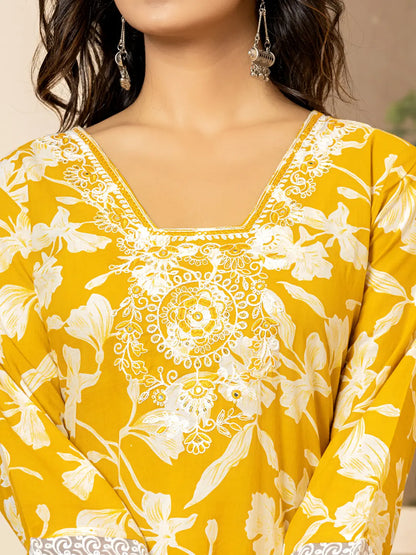 Mustard Embroidery Cotton Straight Kurta Dupatta Set