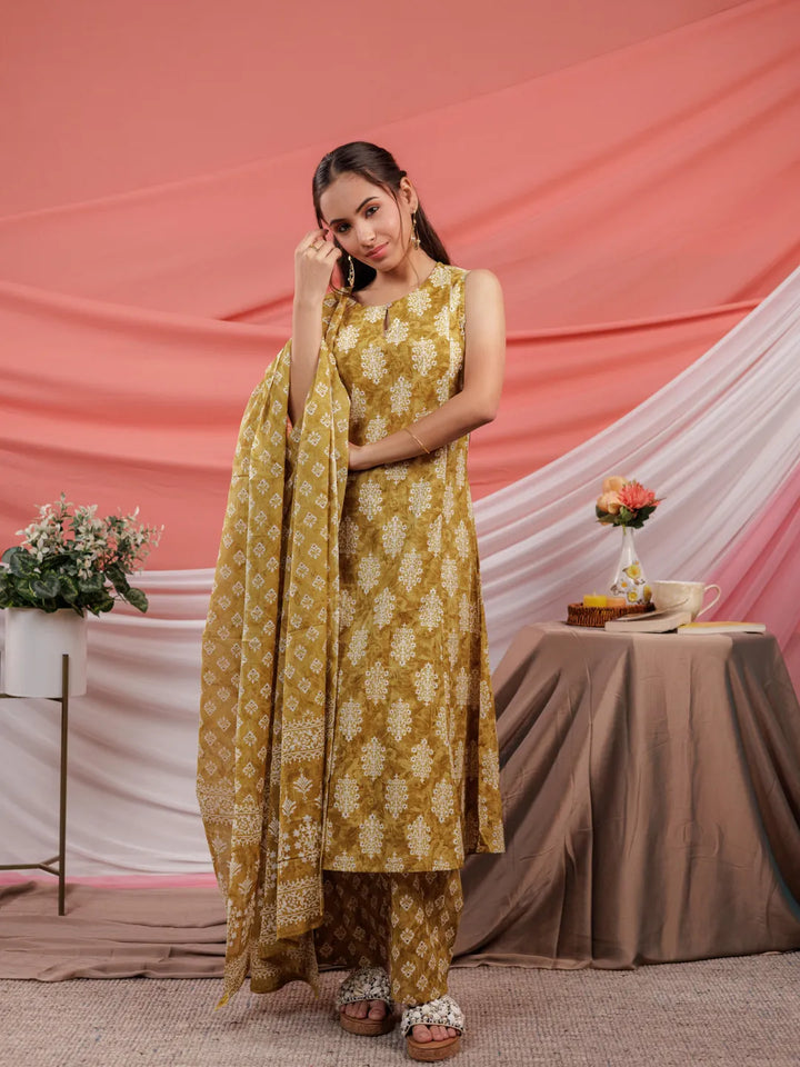 Ethnic Motifs Cotton A Line Kurta Trouser &amp; Dupatta Set