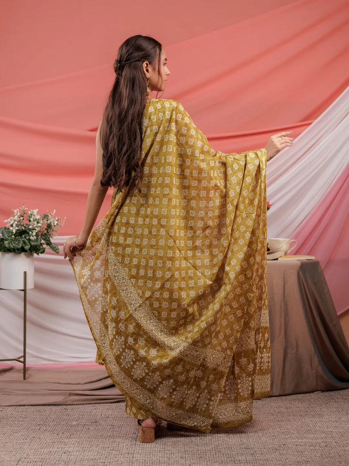 Ethnic Motifs Cotton A Line Kurta Trouser &amp; Dupatta Set