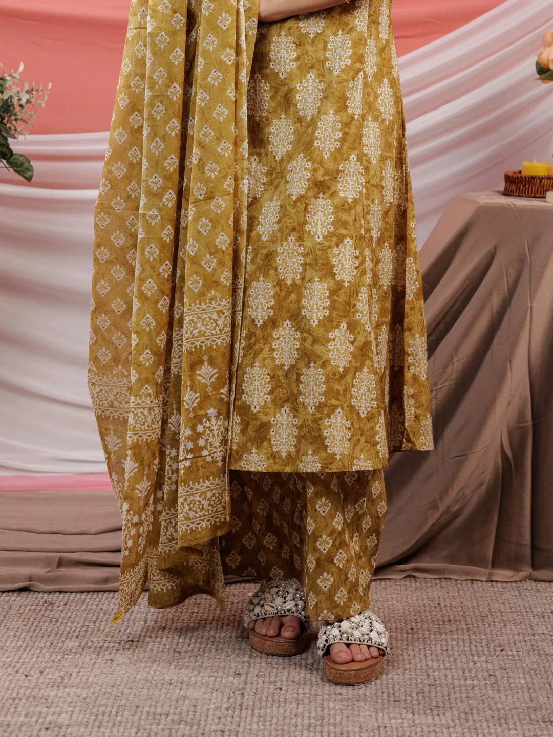 Ethnic Motifs Cotton A Line Kurta Trouser &amp; Dupatta Set