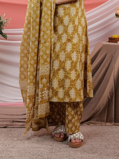 Ethnic Motifs Cotton A Line Kurta Trouser & Dupatta Set