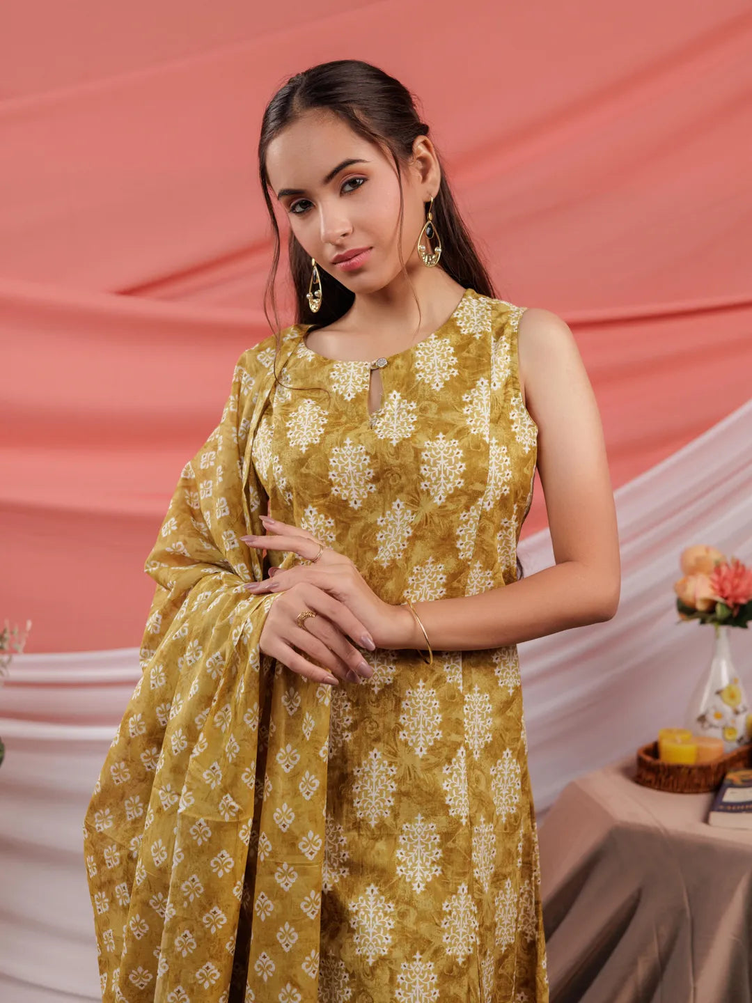 Ethnic Motifs Cotton A Line Kurta Trouser &amp; Dupatta Set