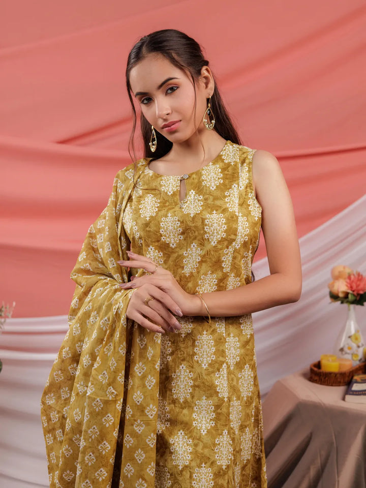 Ethnic Motifs Cotton A Line Kurta Trouser &amp; Dupatta Set