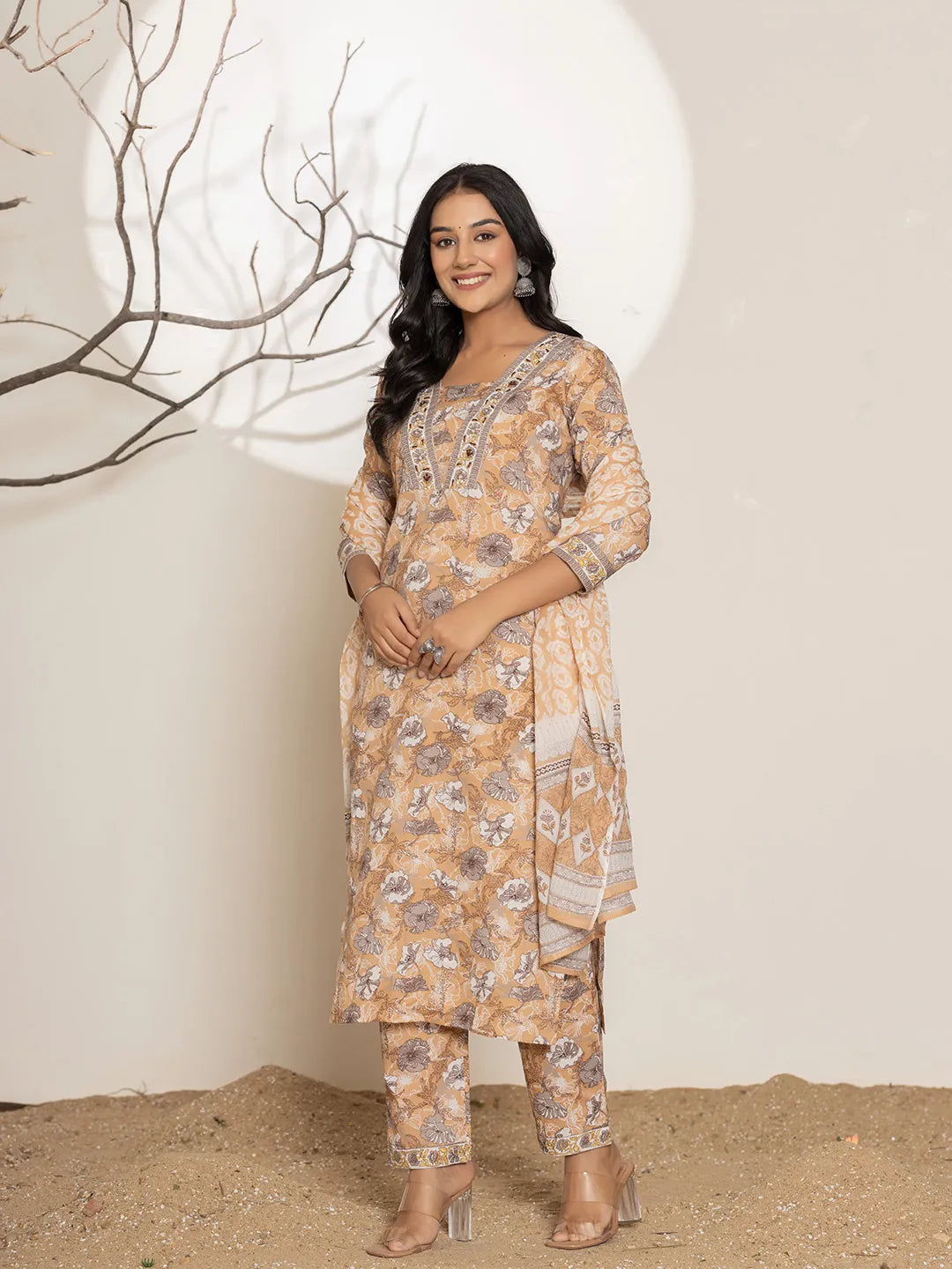 Mustard Floral Print Cotton Straight Kurta Dupatta Set