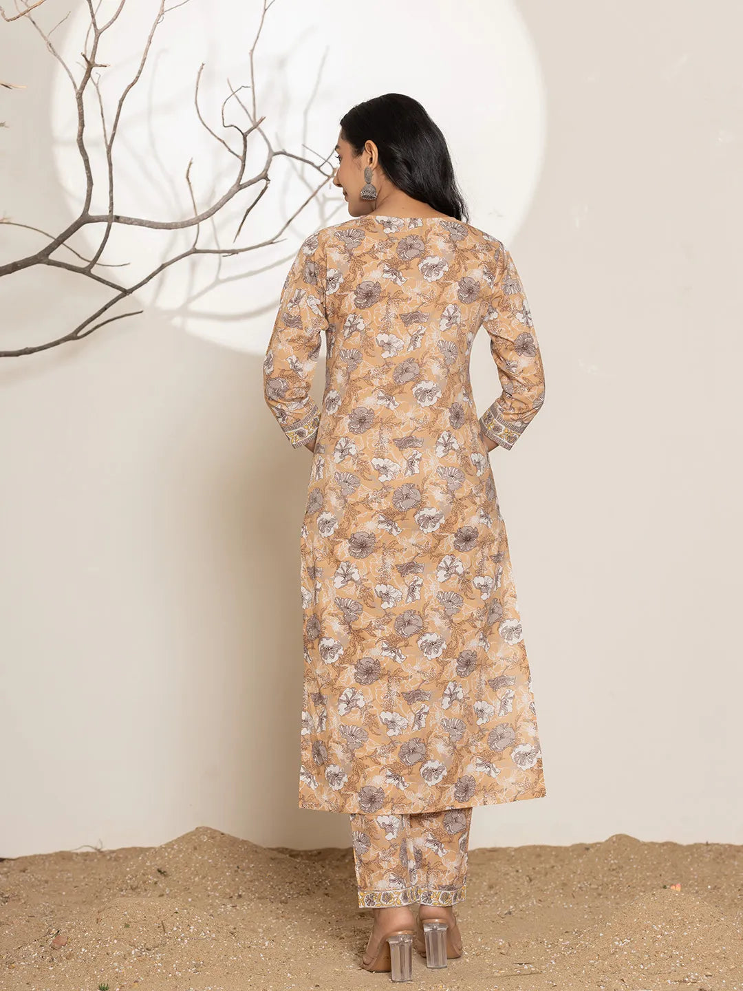 Mustard Floral Print Cotton Straight Kurta Dupatta Set