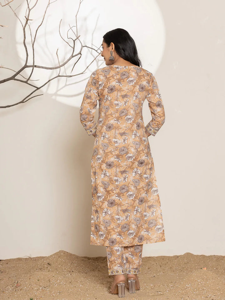 Mustard Floral Print Cotton Straight Kurta Dupatta Set