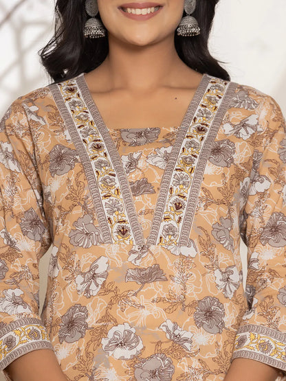 Mustard Floral Print Cotton Straight Kurta Dupatta Set