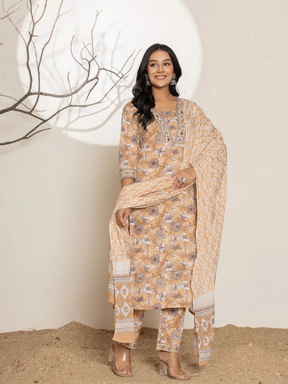 Mustard Floral Print Cotton Straight Kurta Dupatta Set
