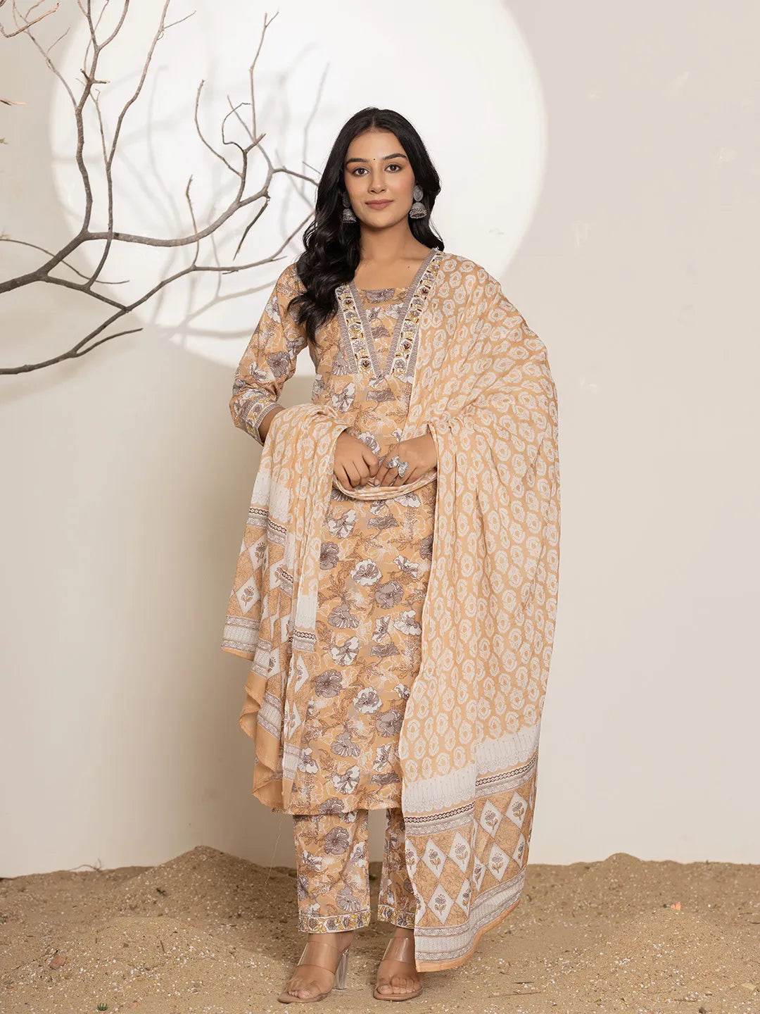 Mustard Floral Print Cotton Straight Kurta Dupatta Set