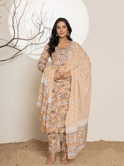 Mustard Floral Print Cotton Straight Kurta Dupatta Set