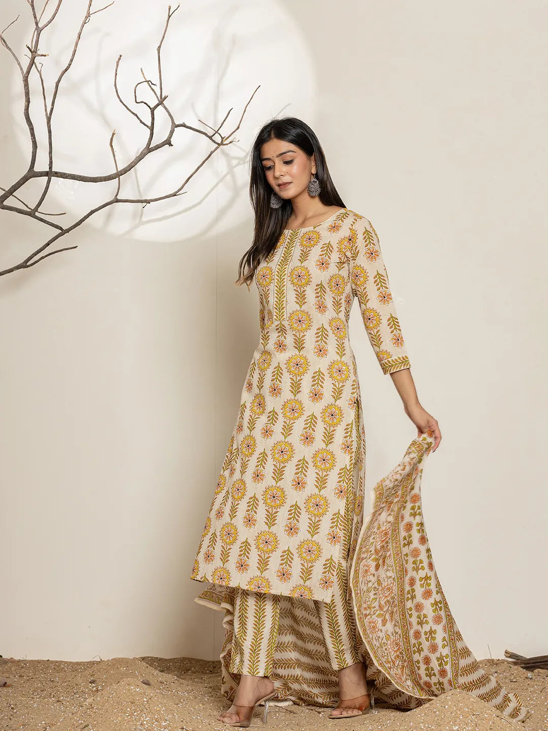 Mustard Floral Print Cotton Straight Kurta Dupatta Set