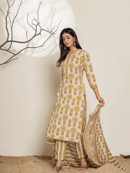 Mustard Floral Print Cotton Straight Kurta Dupatta Set