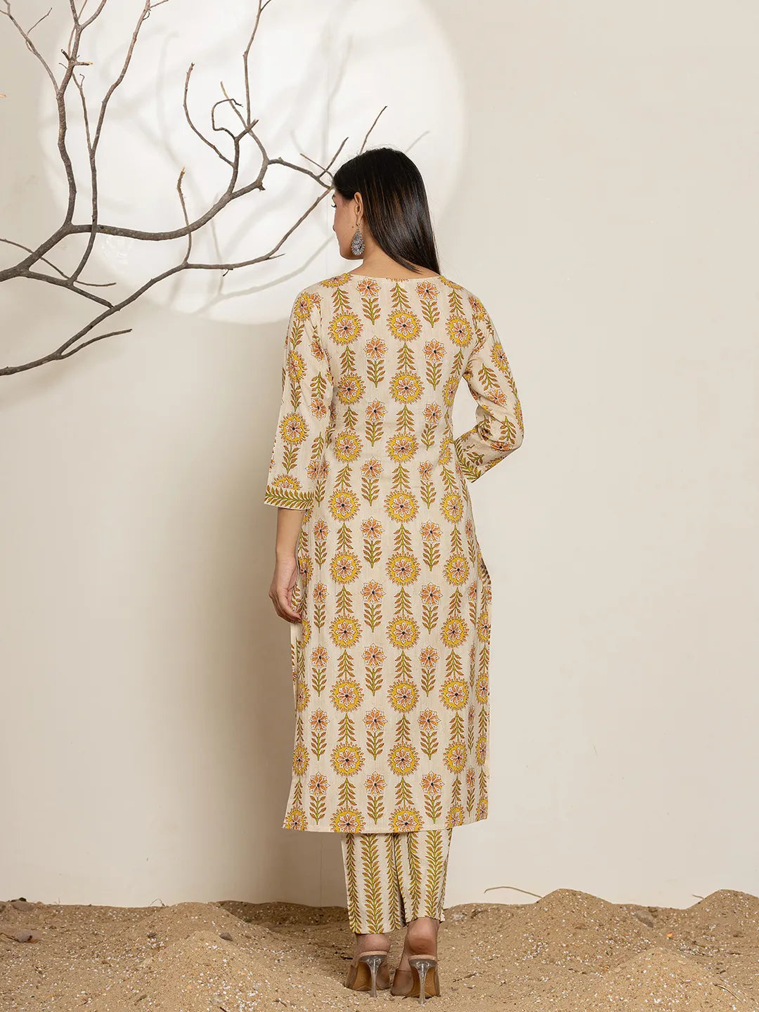 Mustard Floral Print Cotton Straight Kurta Dupatta Set