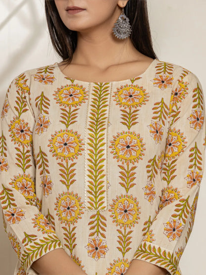 Mustard Floral Print Cotton Straight Kurta Dupatta Set