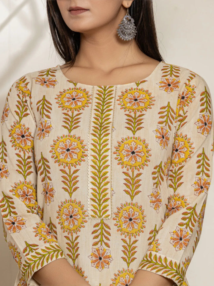 Mustard Floral Print Cotton Straight Kurta Dupatta Set