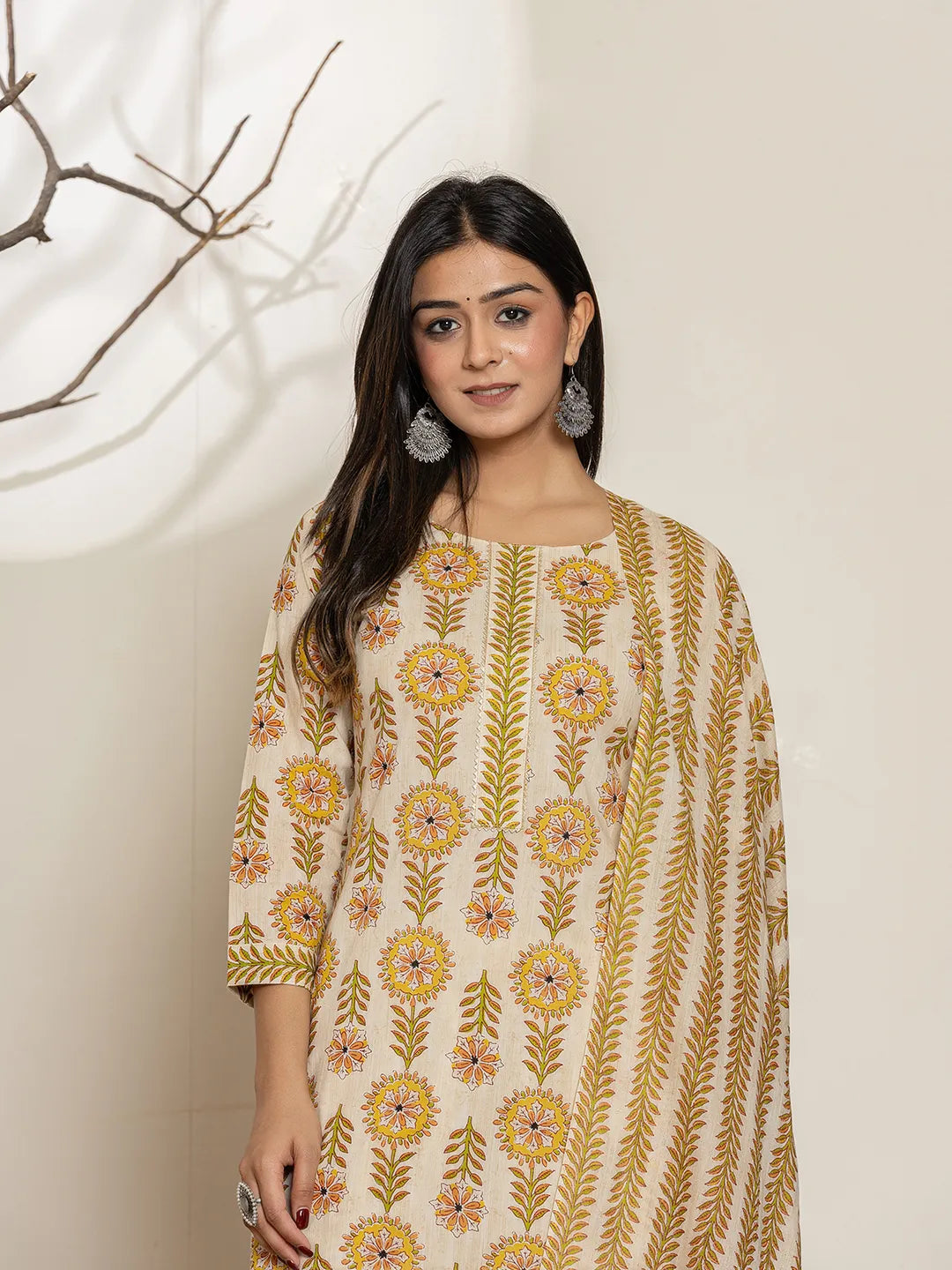 Mustard Floral Print Cotton Straight Kurta Dupatta Set