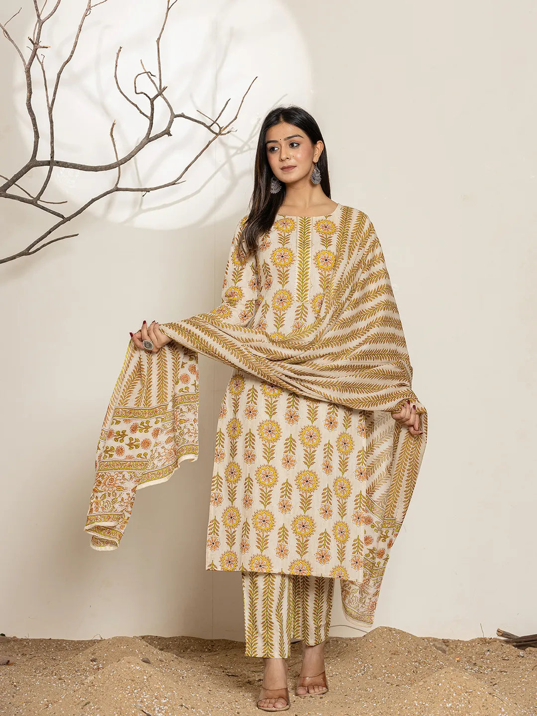 Mustard Floral Print Cotton Straight Kurta Dupatta Set