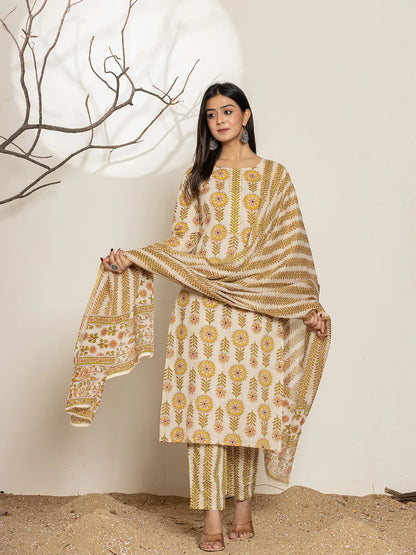 Mustard Floral Print Cotton Straight Kurta Dupatta Set