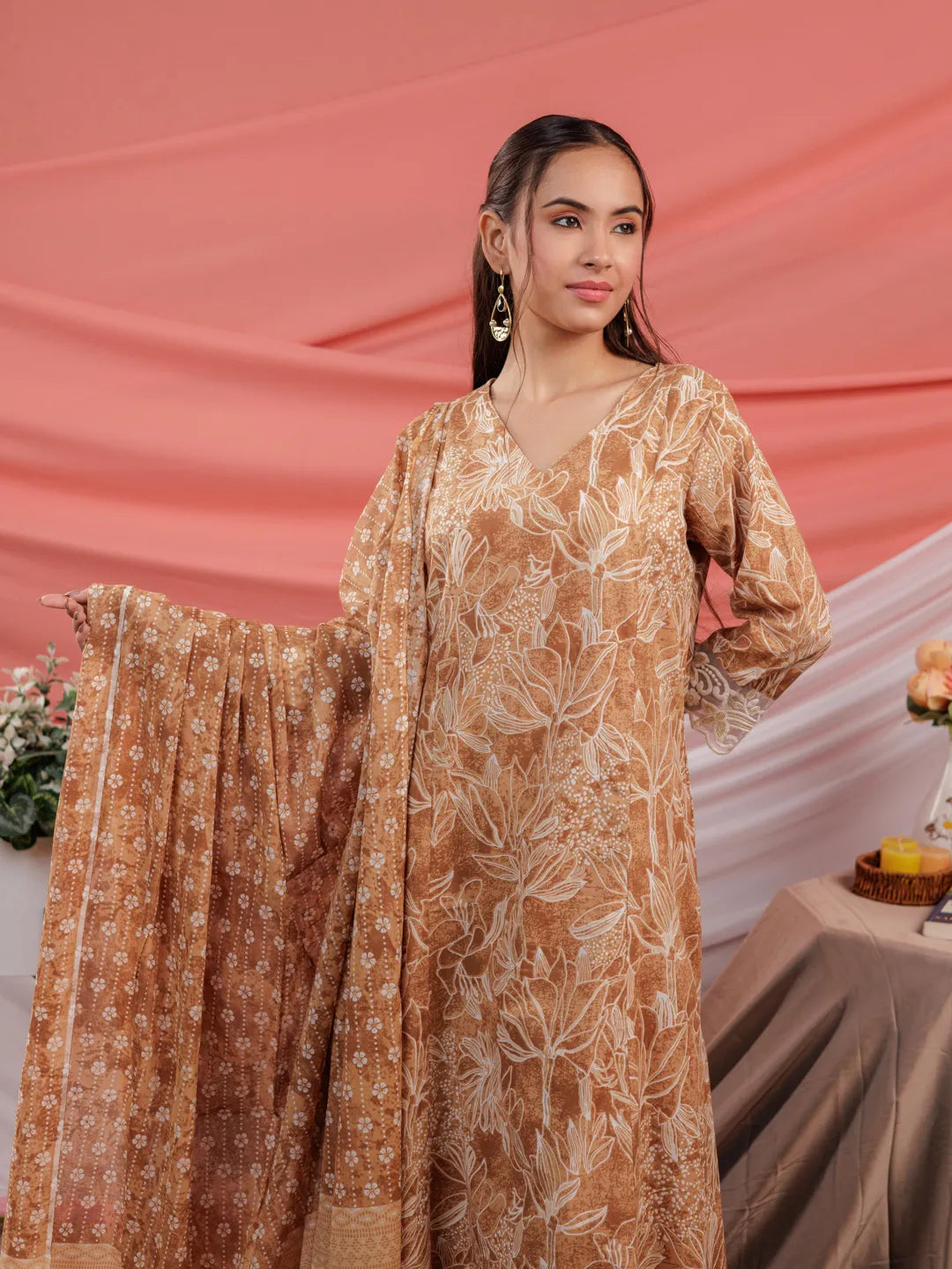 Mustard Floral Print Cotton Straight Kurta Trouser Dupatta Set