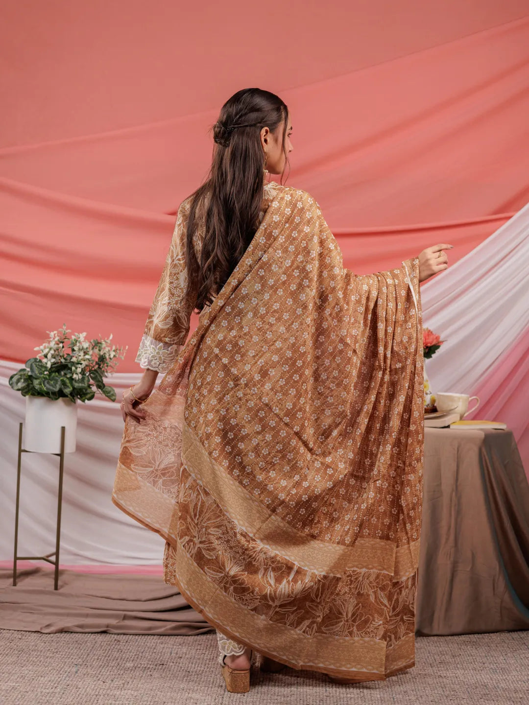 Mustard Floral Print Cotton Straight Kurta Trouser Dupatta Set