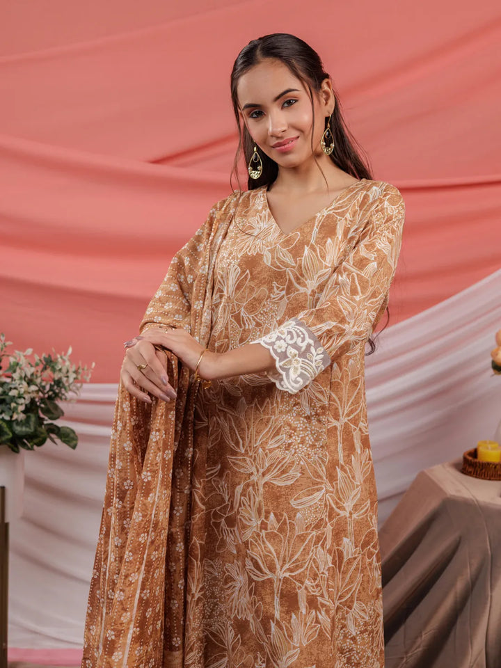 Mustard Floral Print Cotton Straight Kurta Trouser Dupatta Set