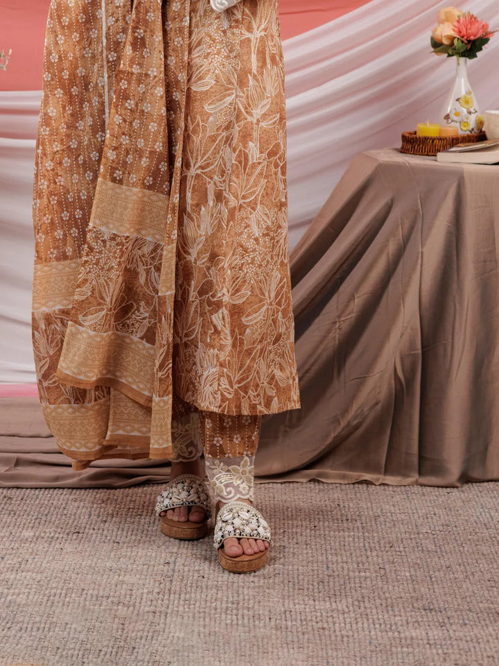 Mustard Floral Print Cotton Straight Kurta Trouser Dupatta Set