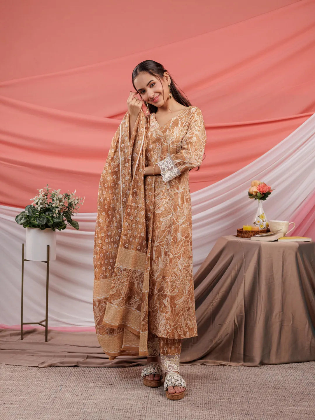 Mustard Floral Print Cotton Straight Kurta Trouser Dupatta Set